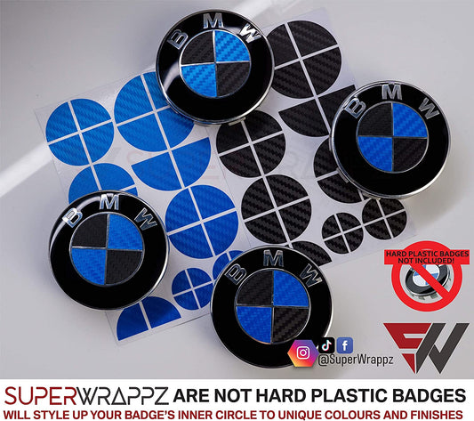 Black and Blue Carbon BMW badge overlay by SuperWrappz on E/F Series emblems, aftermarket cast-vinyl set
