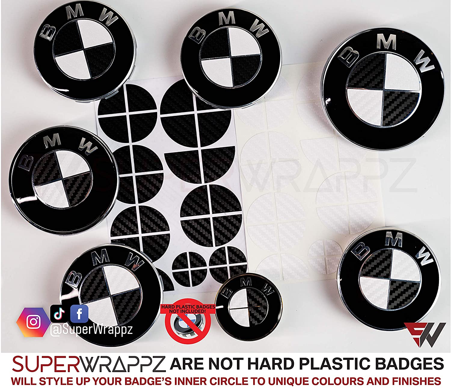 Black and White Carbon BMW badge overlay by SuperWrappz on E/F Series emblems, aftermarket cast-vinyl set