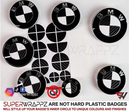 Black and White Carbon BMW badge overlay by SuperWrappz on E/F Series emblems, aftermarket cast-vinyl set