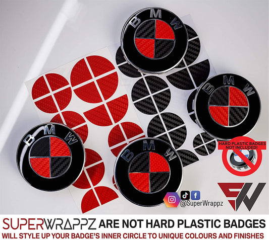 Black and Red Carbon BMW badge overlay by SuperWrappz on E/F Series emblems, aftermarket cast-vinyl set