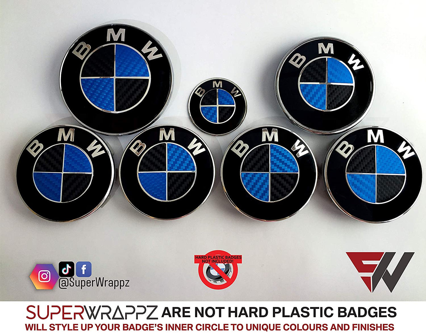 Black & Blue Carbon V1 BMW Badge Overlay — Compatible with E/F Series | SuperWrappz