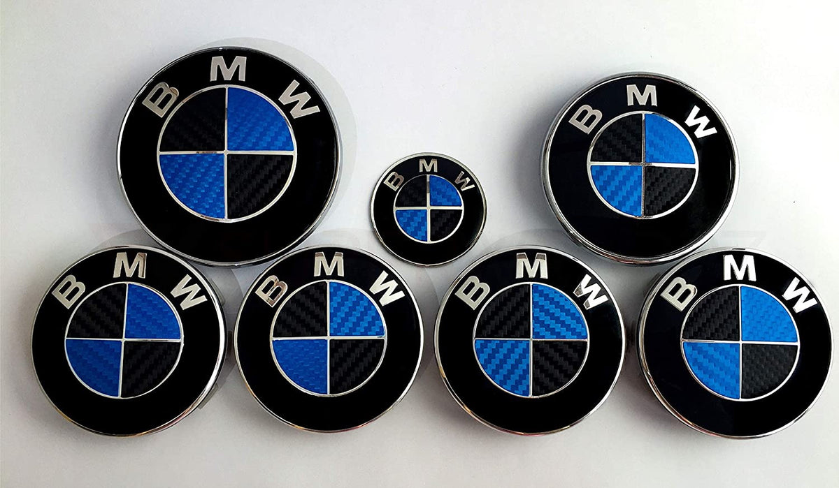 Black & Blue Carbon BMW badge overlay, complete badge set laid out on a plain background