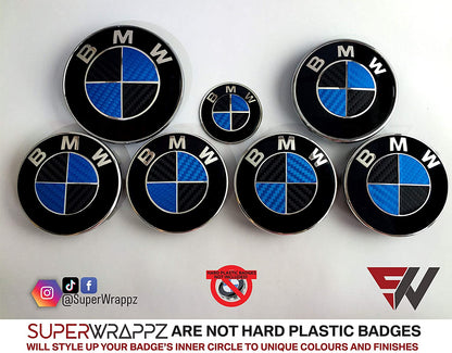 Black & Blue Carbon V1 BMW Badge Overlay — Compatible with E/F Series | SuperWrappz