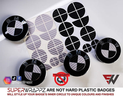 Black and Silver Carbon BMW badge overlay by SuperWrappz on E/F Series emblems, aftermarket cast-vinyl set