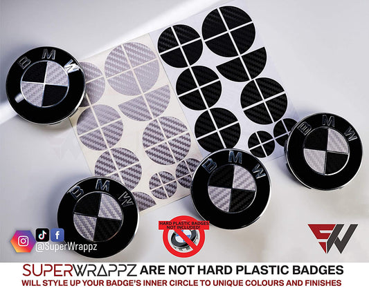Black and Silver Carbon BMW badge overlay by SuperWrappz on E/F Series emblems, aftermarket cast-vinyl set