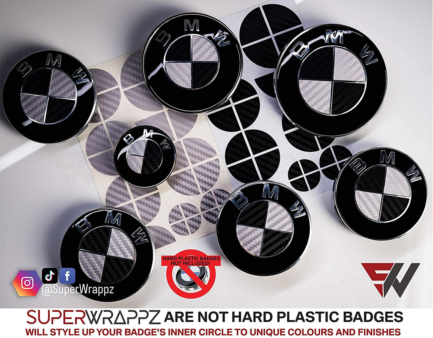 Black & Silver Carbon V1 BMW Badge Overlay — Compatible with E/F Series | SuperWrappz