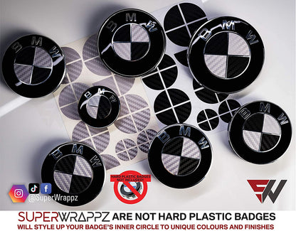 Black & Silver Carbon V1 BMW Badge Overlay — Compatible with E/F Series | SuperWrappz