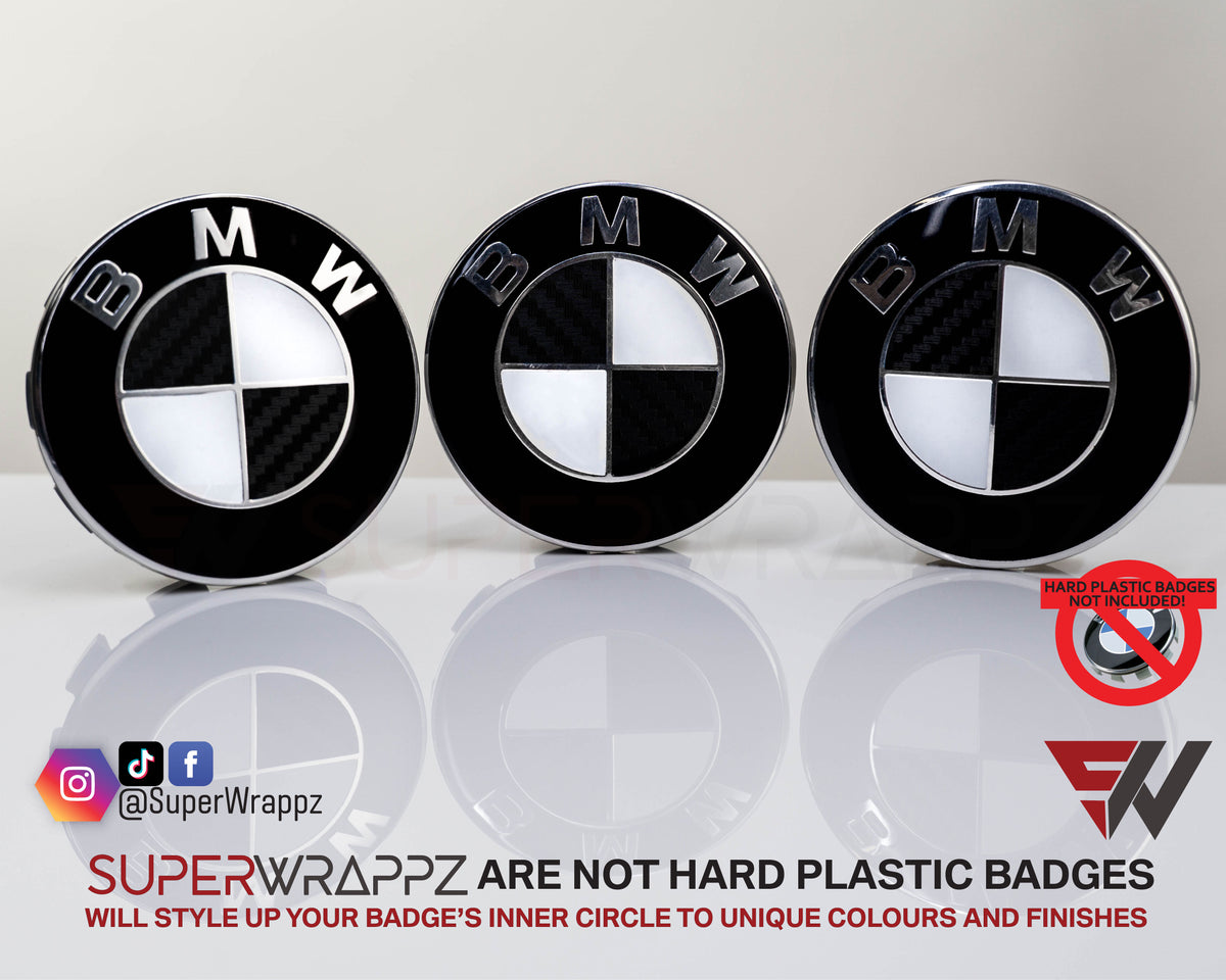 Half Black Carbon BMW badge overlay, complete badge set laid out on a plain background