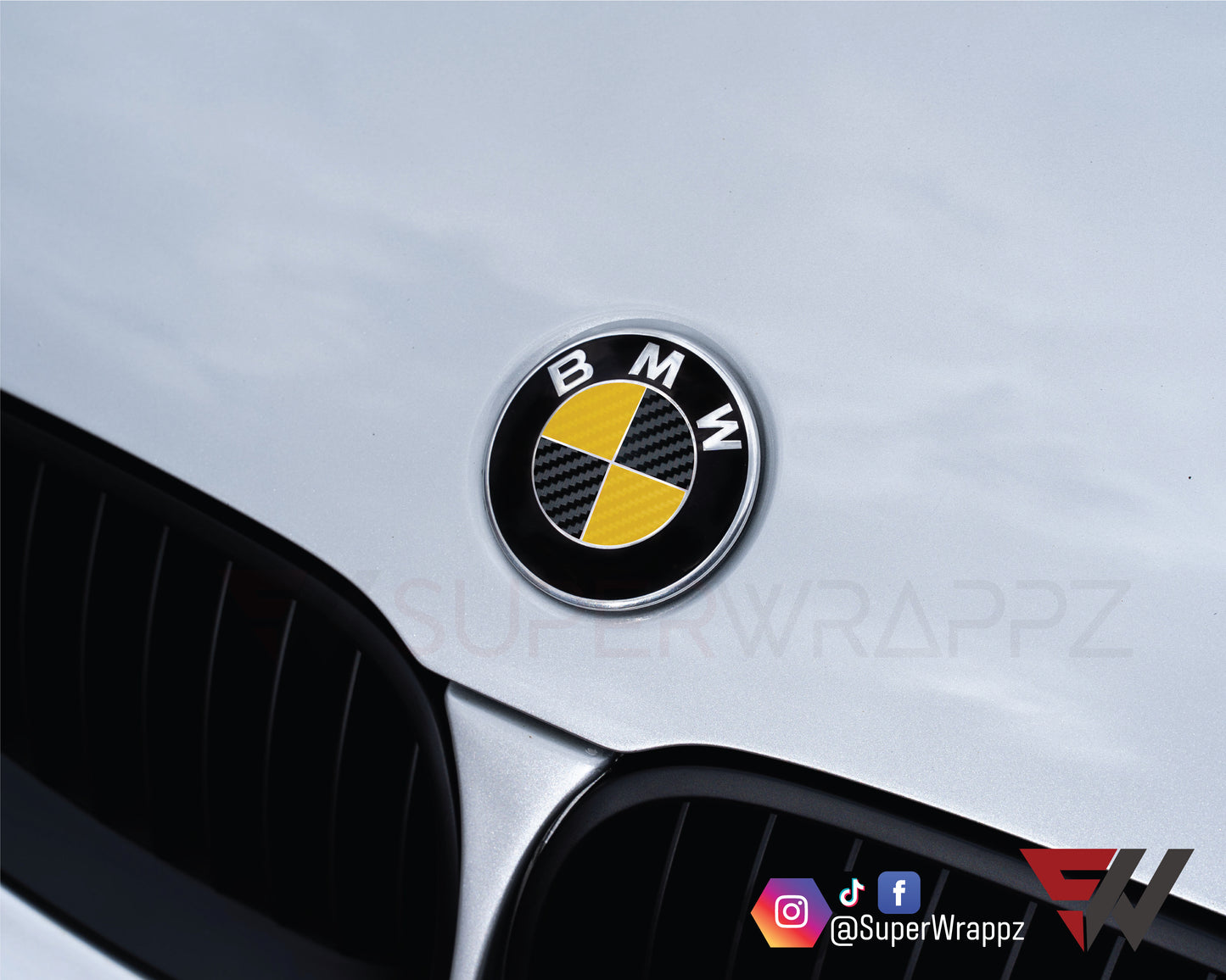 Black & Yellow Carbon V1 BMW Badge Overlay — Compatible with E/F Series | SuperWrappz