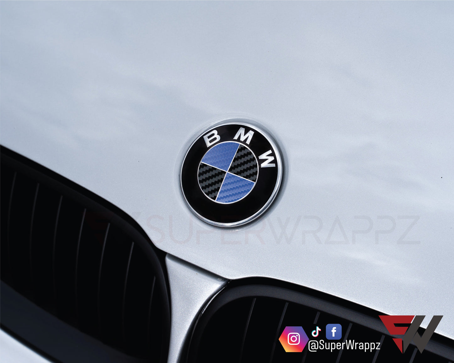 Black & Dark Blue Carbon V1 BMW Badge Overlay — Compatible with E/F Series | SuperWrappz