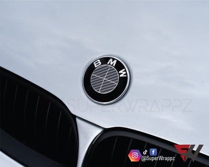 Full Dark Grey Carbon V1 BMW Badge Overlay — Compatible with E/F Series | SuperWrappz