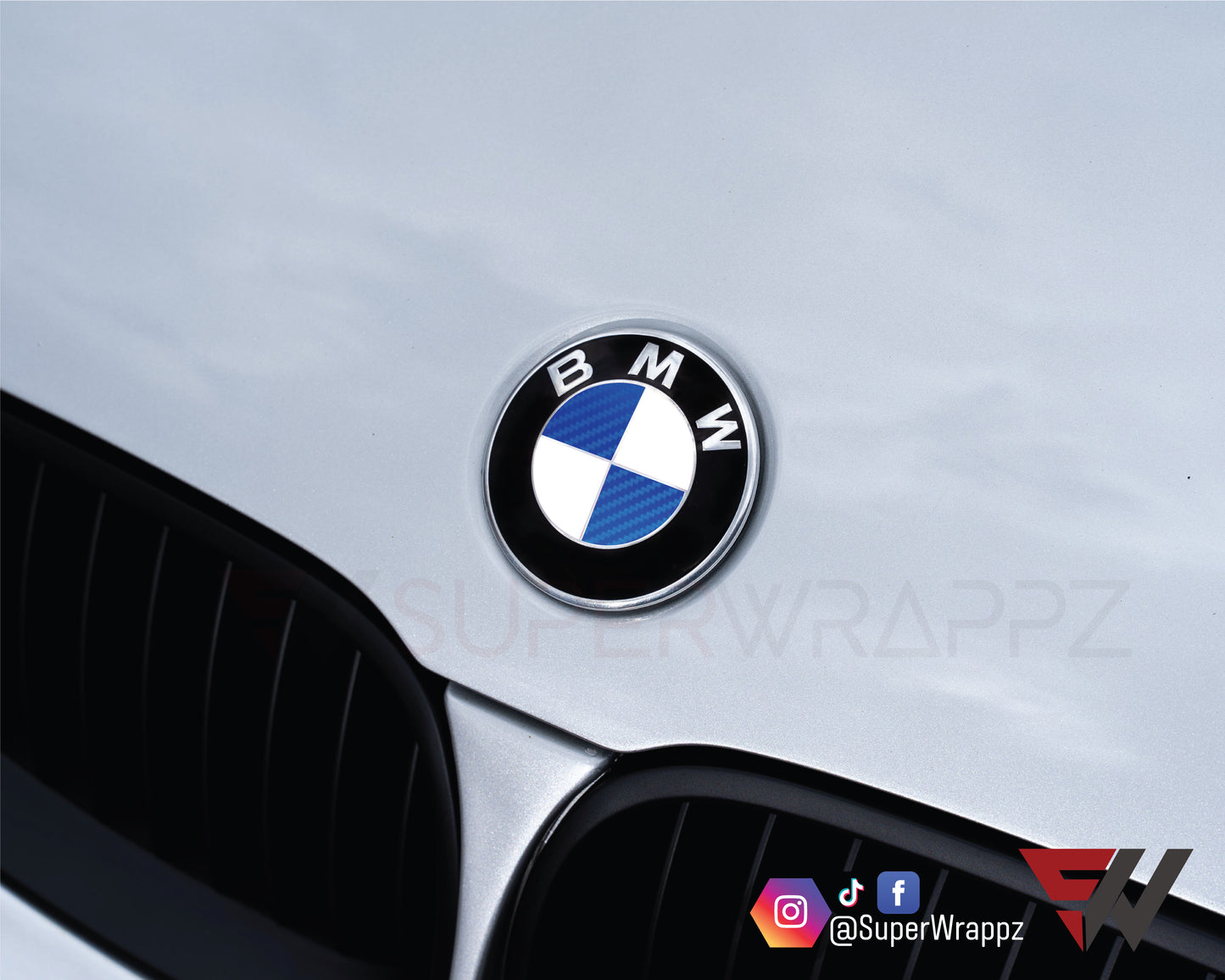 Half Blue Carbon V1 BMW Badge Overlay — Compatible with E/F Series | SuperWrappz