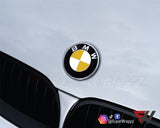 HALF YELLOW CARBON Badge Emblem Overlay FOR BMW Sticker VINYL 2 QUADRANTS COVERED FITS YOUR BMW'S HOOD TRUNK RIMS STEERING WHEEL