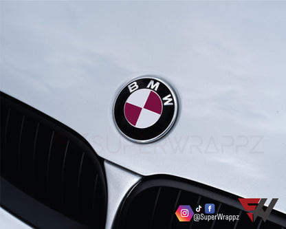 White & Pink Fuchsia Gloss V1 BMW Badge Overlay — Compatible with E/F Series | SuperWrappz