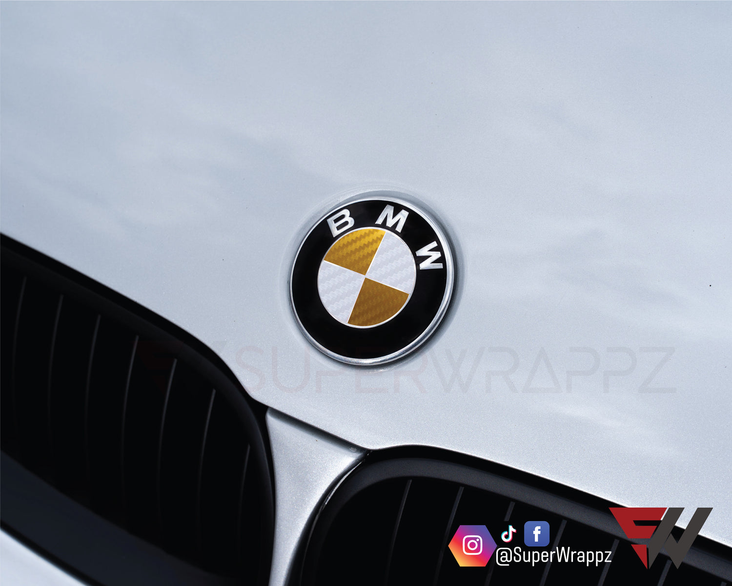 White & Gold Carbon V1 BMW Badge Overlay — Compatible with E/F Series | SuperWrappz
