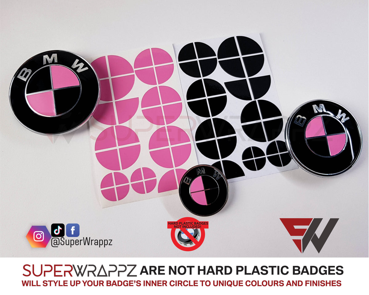 Pink & Black Gloss BMW badge overlay, complete badge set laid out on a plain background