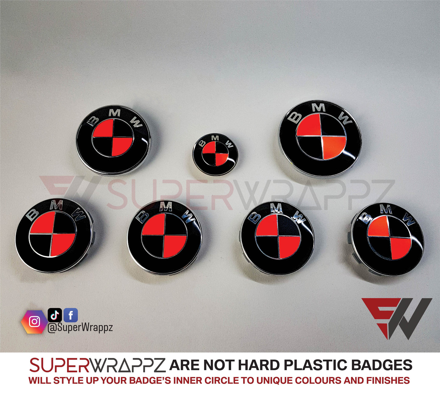 Fluorescent Red & Black Gloss V1 BMW Badge Overlay — Compatible with E/F Series | SuperWrappz