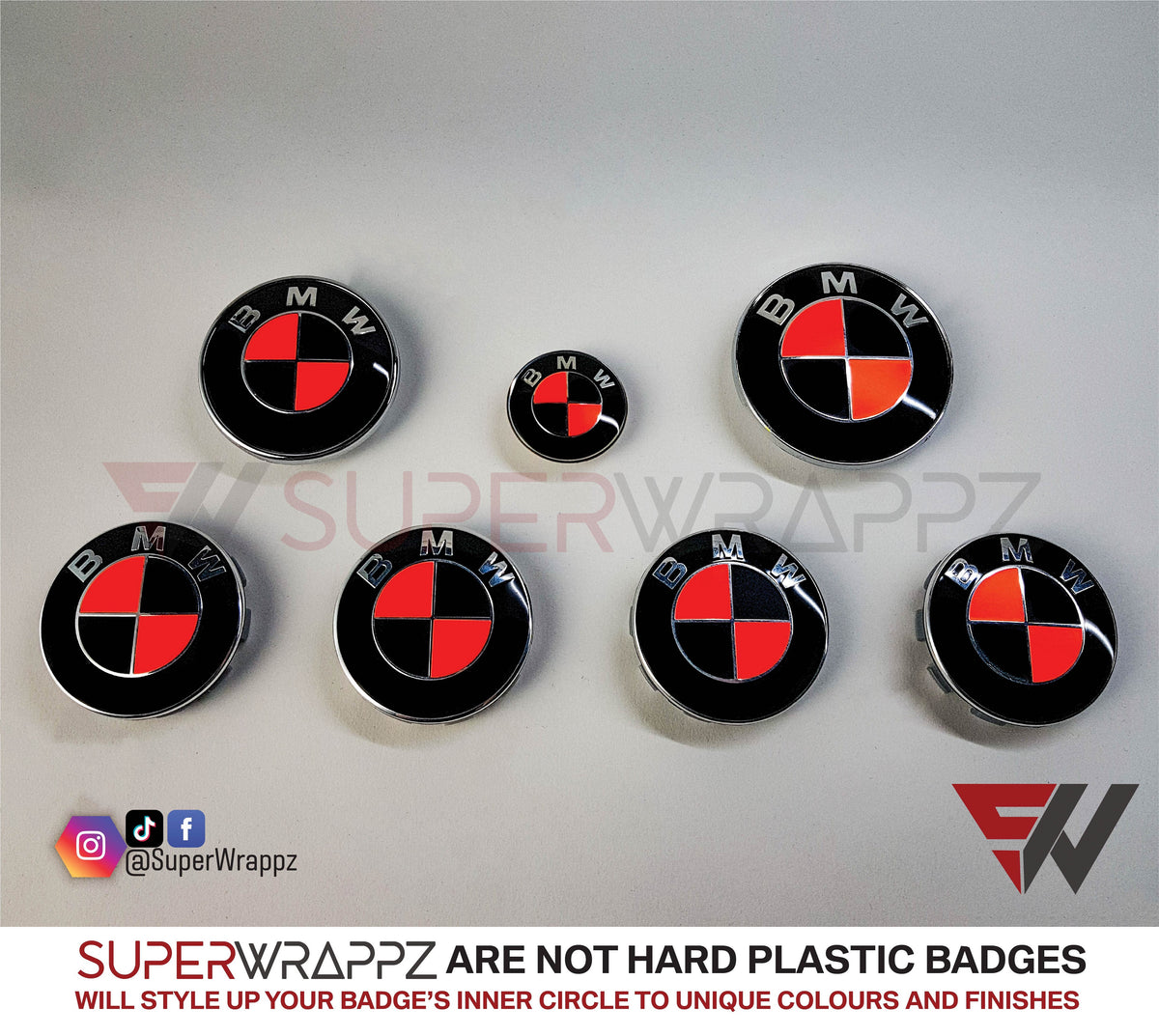 Fluorescent Red & Black Gloss BMW badge overlay, complete badge set laid out on a plain background