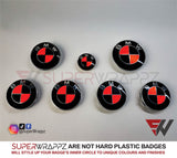 FLUORESCENT RED & BLACK GLOSS Badge Emblem Overlay FOR BMW Sticker VINYL 4 QUADRANTS COVERED FITS YOUR BMW'S HOOD TRUNK RIMS STEERING WHEEL