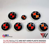 FLUORESCENT RED & BLACK GLOSS Badge Emblem Overlay FOR BMW Sticker VINYL 4 QUADRANTS COVERED FITS YOUR BMW'S HOOD TRUNK RIMS STEERING WHEEL