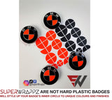 FLUORESCENT RED & BLACK GLOSS Badge Emblem Overlay FOR BMW Sticker VINYL 4 QUADRANTS COVERED FITS YOUR BMW'S HOOD TRUNK RIMS STEERING WHEEL
