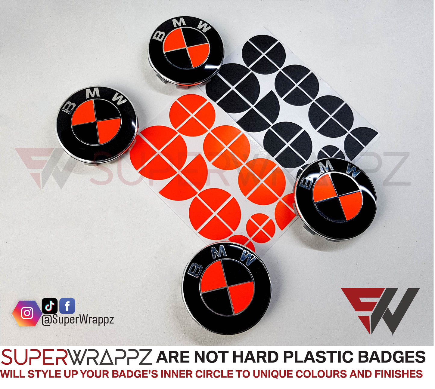 Fluorescent Red & Black Gloss V1 BMW Badge Overlay — Compatible with E/F Series | SuperWrappz