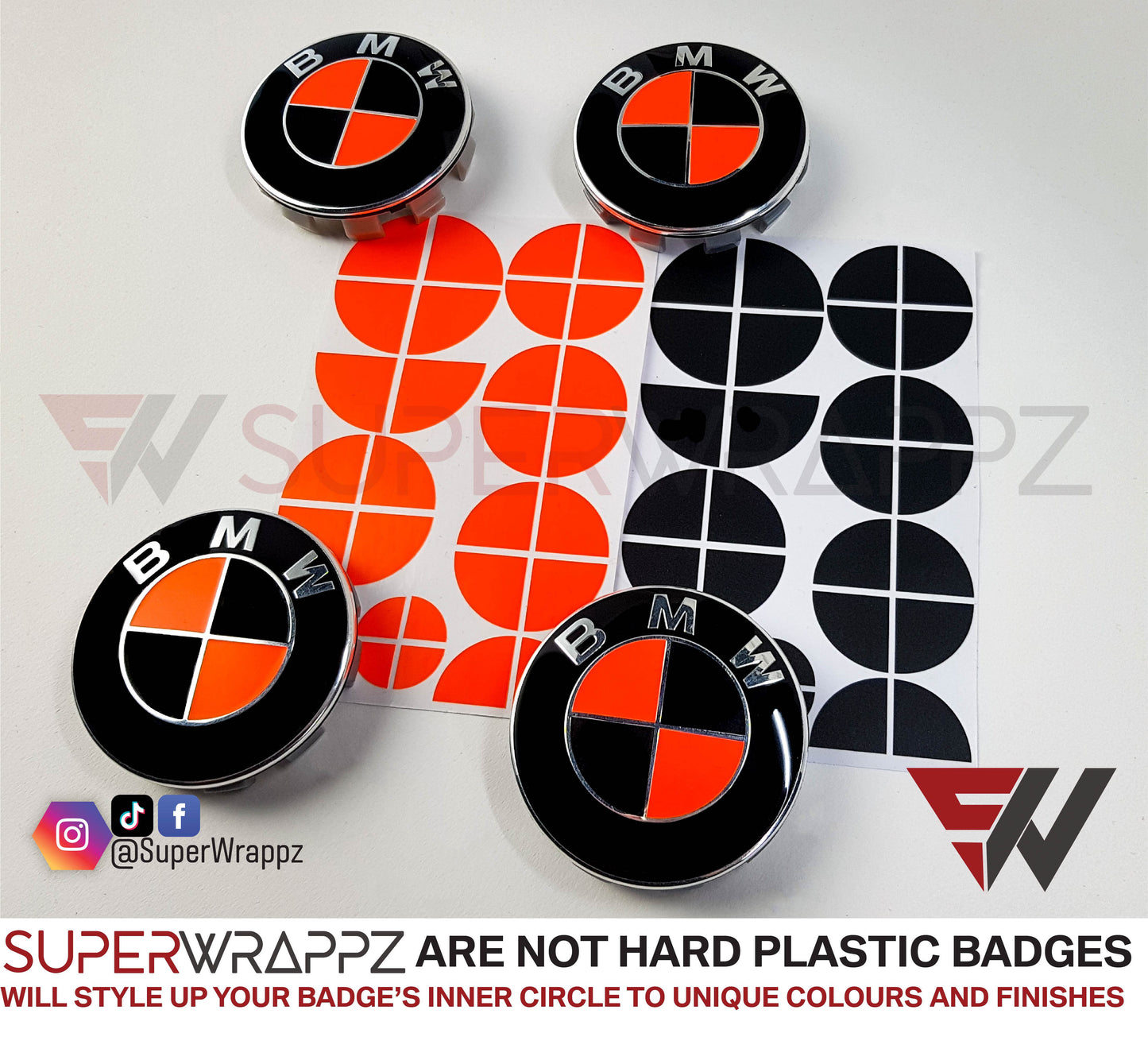 Fluorescent Red & Black Gloss V1 BMW Badge Overlay — Compatible with E/F Series | SuperWrappz