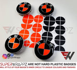 FLUORESCENT RED & BLACK GLOSS Badge Emblem Overlay FOR BMW Sticker VINYL 4 QUADRANTS COVERED FITS YOUR BMW'S HOOD TRUNK RIMS STEERING WHEEL