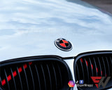 FLUORESCENT RED & BLACK GLOSS Badge Emblem Overlay FOR BMW Sticker VINYL 4 QUADRANTS COVERED FITS YOUR BMW'S HOOD TRUNK RIMS STEERING WHEEL
