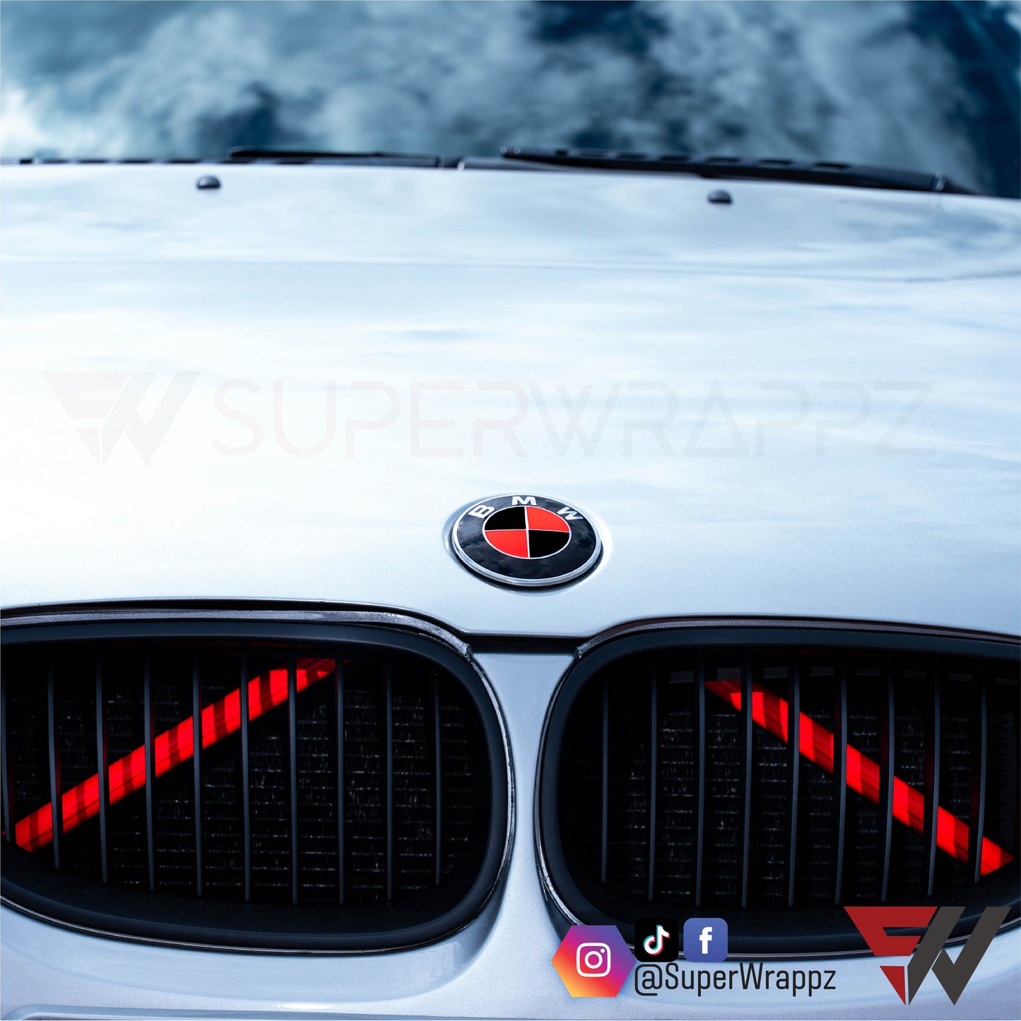 Fluorescent Red & Black Gloss V1 BMW Badge Overlay — Compatible with E/F Series | SuperWrappz