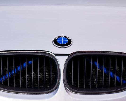 Blue reflective V-brace and crash-bar vinyl overlay for BMW by SuperWrappz, aftermarket