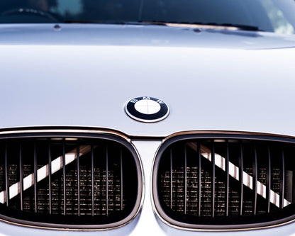 White reflective V-brace and crash-bar vinyl overlay for BMW by SuperWrappz, aftermarket