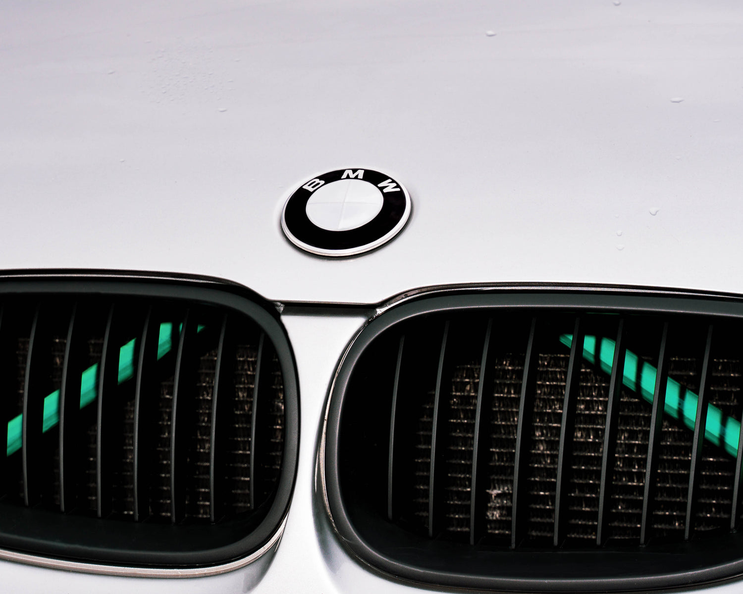 Close-up of a BMW front grille with the green reflective V-brace installed