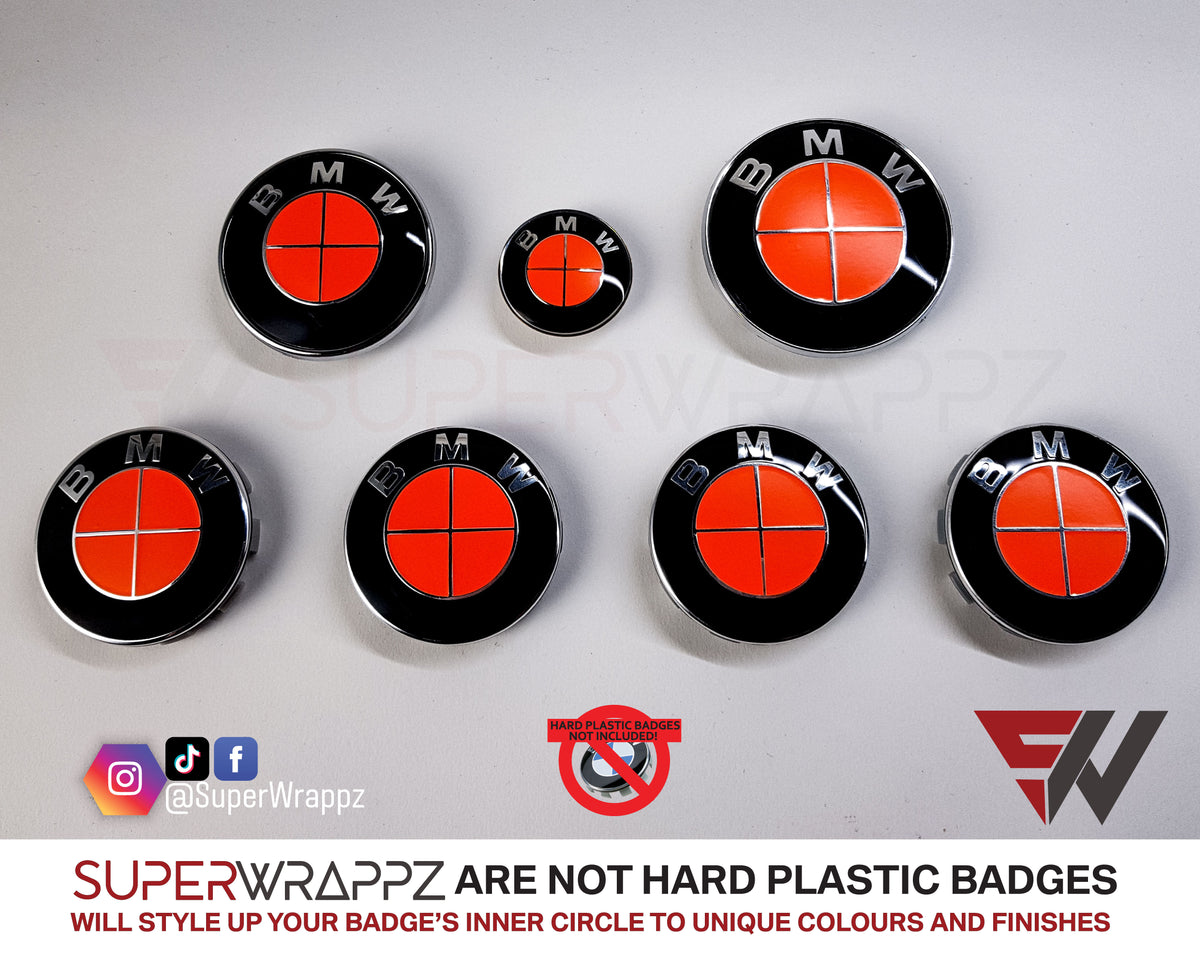 Full Red Fluorescent BMW badge overlay by SuperWrappz on E/F Series emblems, aftermarket cast-vinyl set