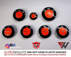 FULL RED FLUORESCENT Badge Emblem Overlay FOR BMW Sticker VINYL 4 QUADRANTS COVERED FITS YOUR BMW'S HOOD TRUNK RIMS STEERING WHEEL