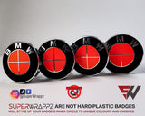 FULL RED FLUORESCENT Badge Emblem Overlay FOR BMW Sticker VINYL 4 QUADRANTS COVERED FITS YOUR BMW'S HOOD TRUNK RIMS STEERING WHEEL