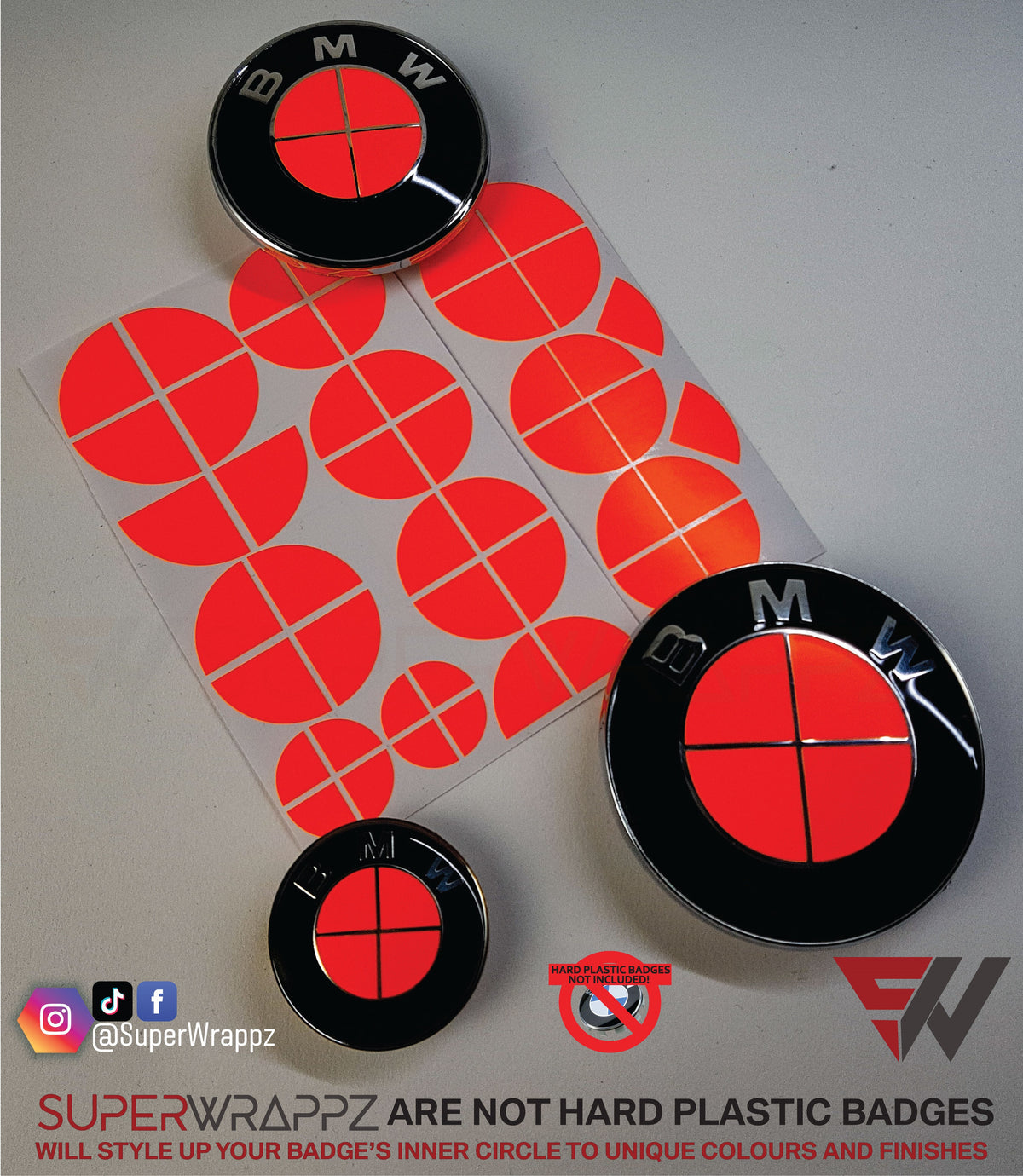 Full Red Fluorescent BMW badge overlay, complete badge set laid out on a plain background