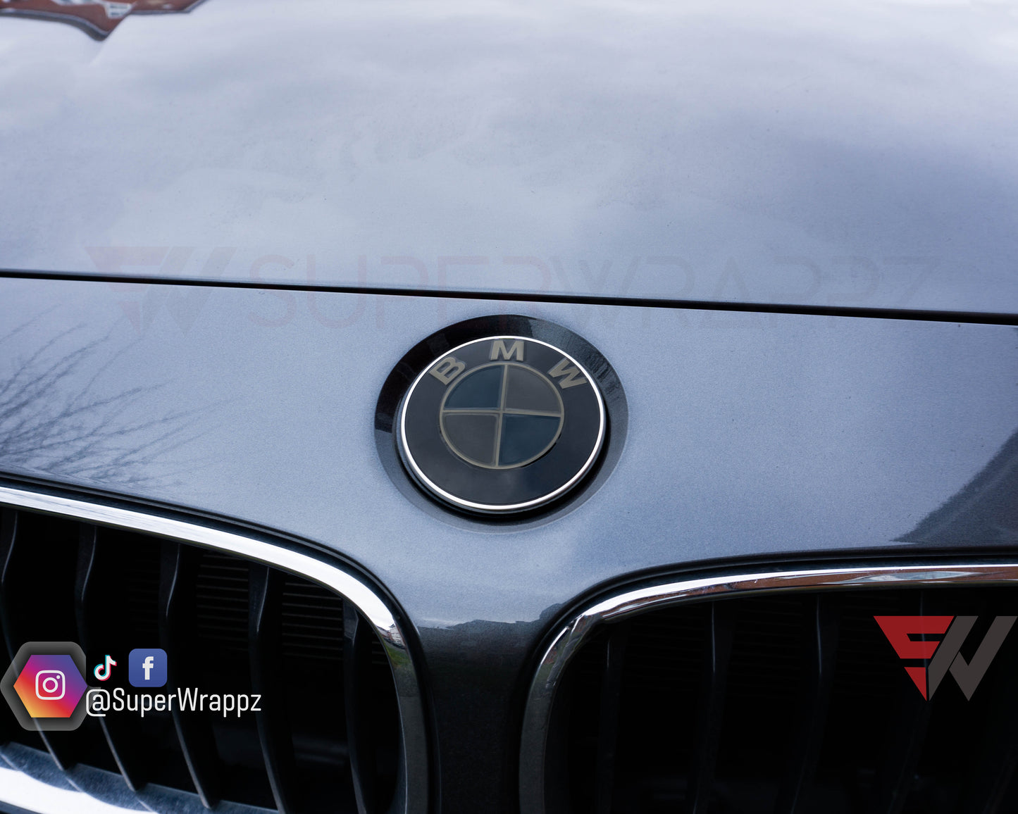 Dark Smoke BMW Badge Tint Overlay — 2-Piece | V1 Compatible | E/F Series | SuperWrappz