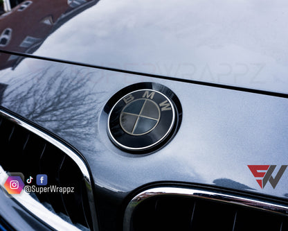 Dark Smoke BMW Badge Tint Overlay — 2-Piece | V1 Compatible | E/F Series | SuperWrappz