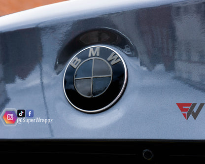 Dark Smoke BMW Badge Tint Overlay — 2-Piece | V1 Compatible | E/F Series | SuperWrappz