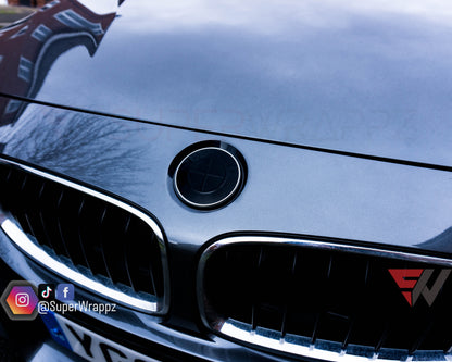 Black Gloss BMW Badge Tint Overlay — 2-Piece | V1 Compatible | E/F Series | SuperWrappz
