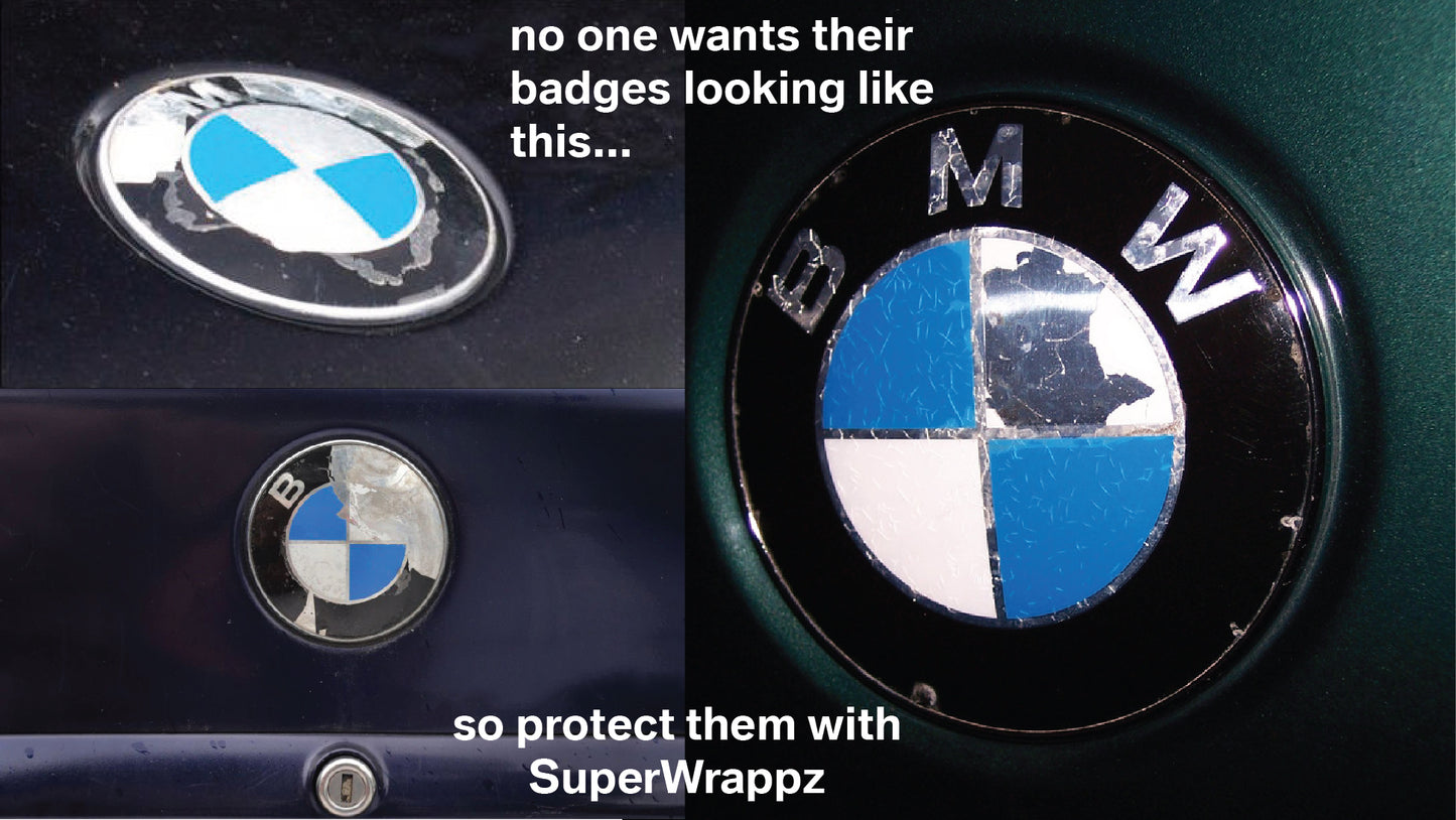Dark Smoke BMW Badge Tint Overlay — 2-Piece | V1 Compatible | E/F Series | SuperWrappz