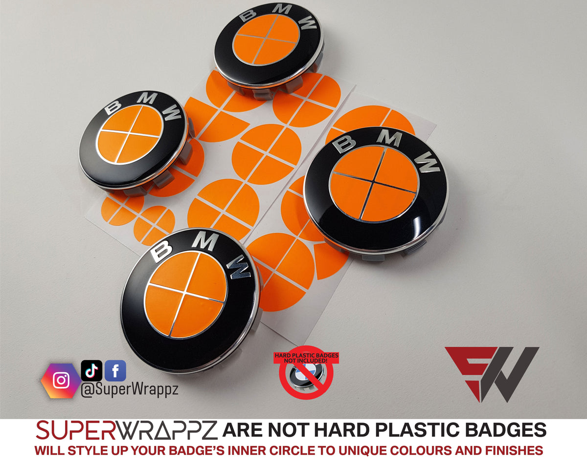 Full Orange Fluorescent BMW badge overlay, complete badge set laid out on a plain background