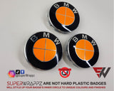 FULL ORANGE FLUORESCENT Badge Emblem Overlay FOR BMW Sticker VINYL 4 QUADRANTS COVERED FITS YOUR BMW'S HOOD TRUNK RIMS STEERING WHEEL