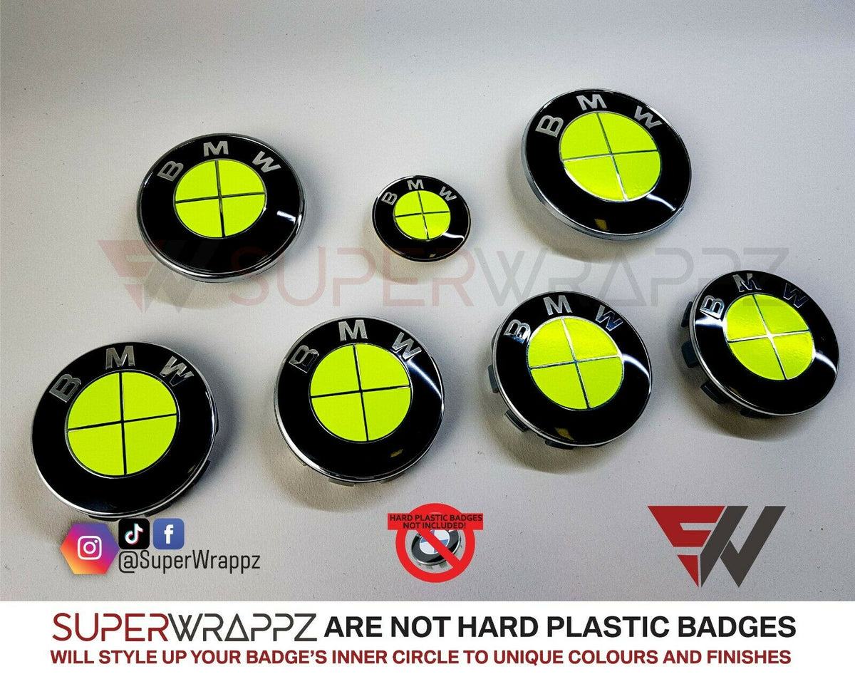 Full Green Fluorescent BMW badge overlay by SuperWrappz on E/F Series emblems, aftermarket cast-vinyl set
