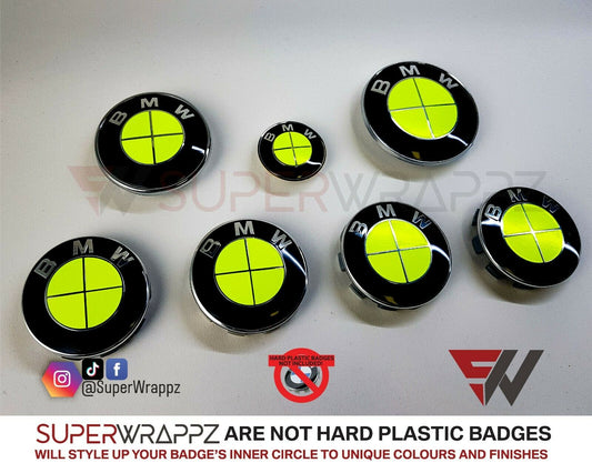 Full Green Fluorescent BMW badge overlay by SuperWrappz on E/F Series emblems, aftermarket cast-vinyl set