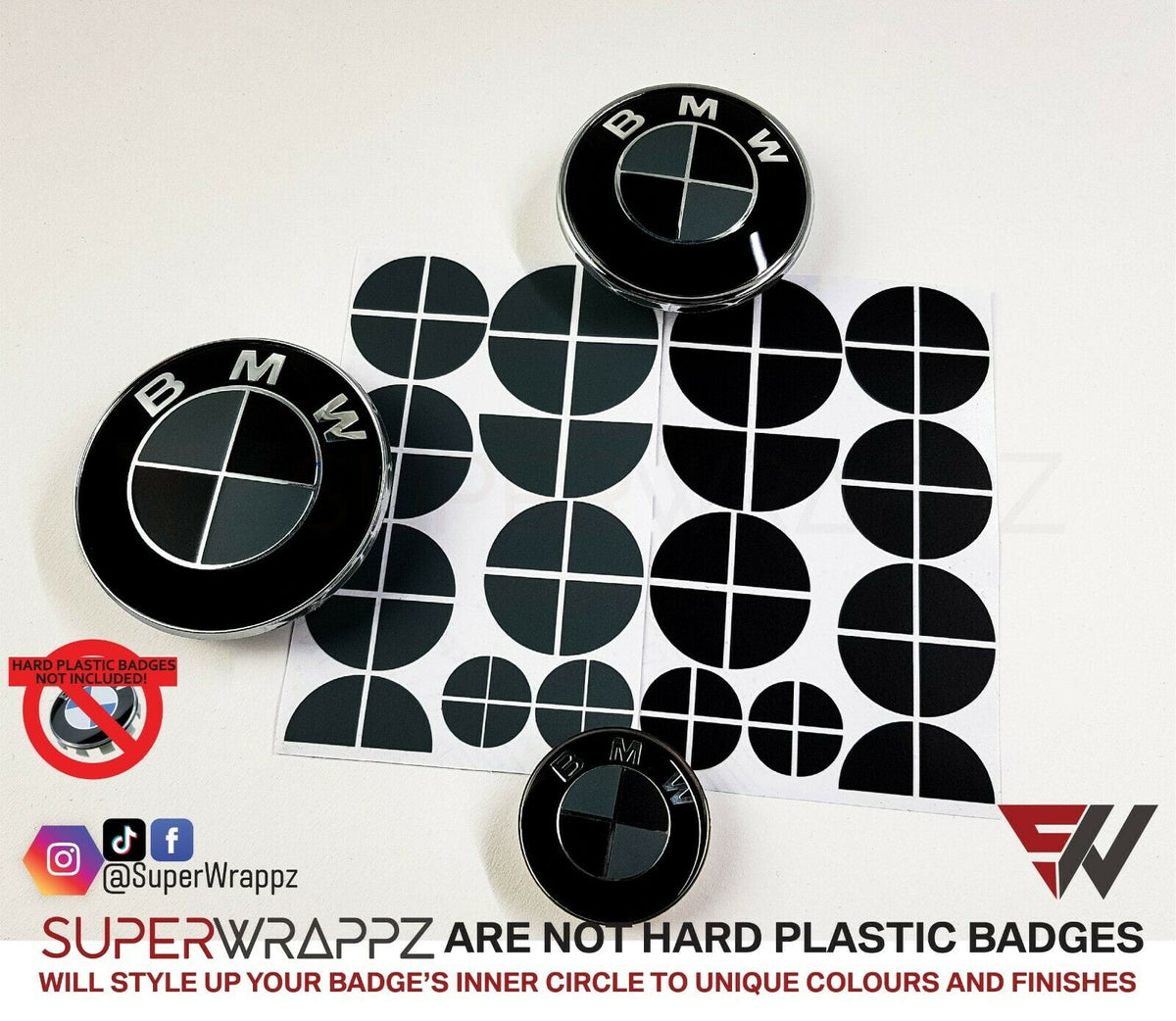 Black & Dark Grey Matte BMW badge overlay, complete badge set laid out on a plain background