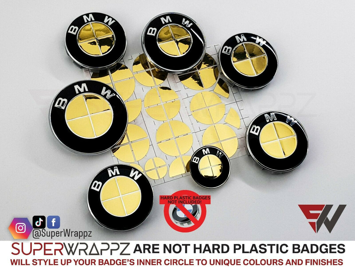 Chrome Gold BMW badge overlay: quadrant-size compatibility chart for hood, trunk, wheel and steering wheel badges (mm)