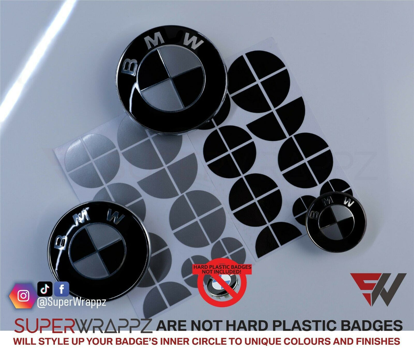 Black & Silver Gloss V1 BMW Badge Overlay — Compatible with E/F Series | SuperWrappz