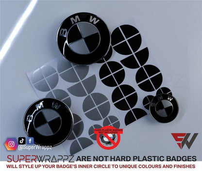 Black & Silver Gloss V1 BMW Badge Overlay — Compatible with E/F Series | SuperWrappz